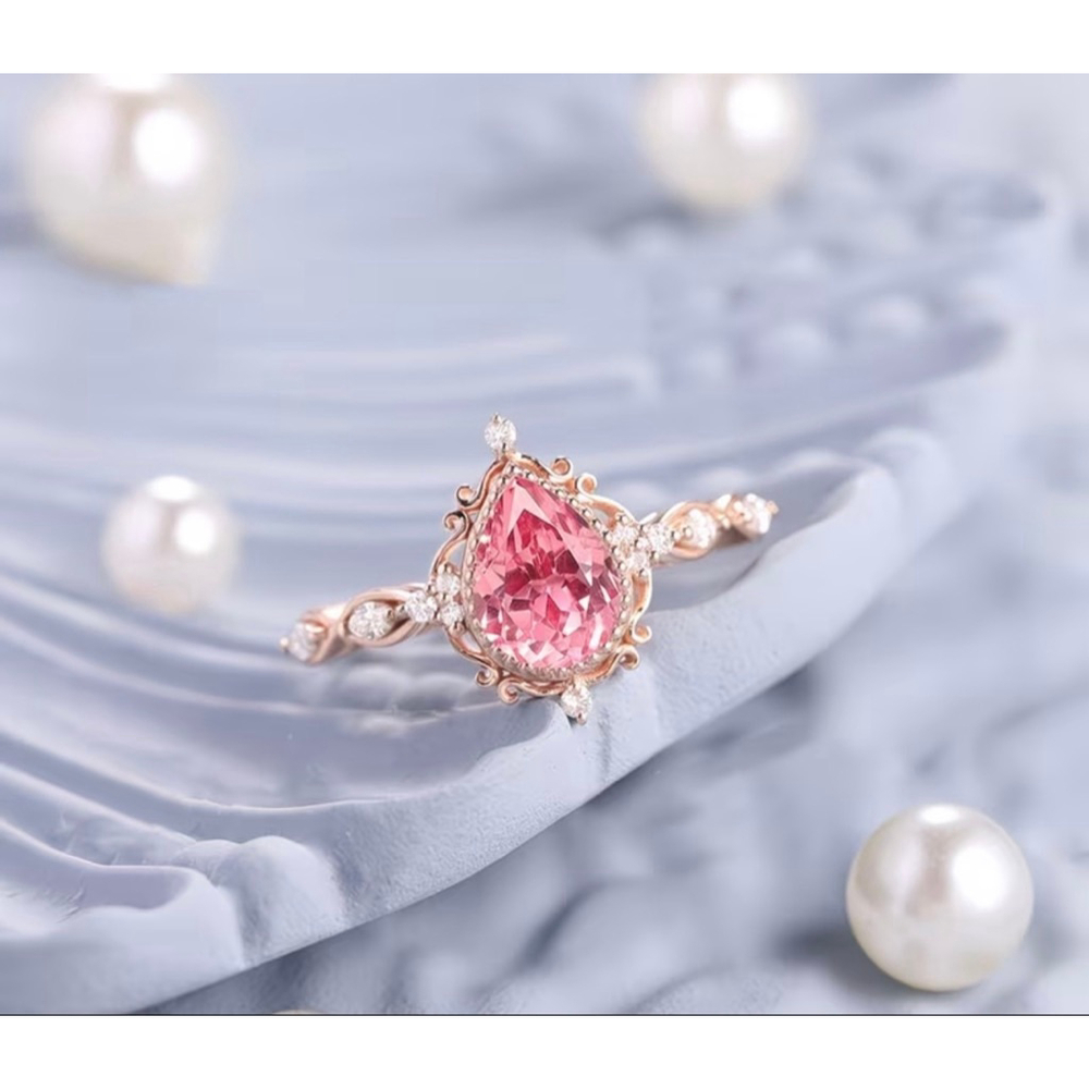 Rose Gold Pink Gemstone Filigree Ring with Diamond Accents
